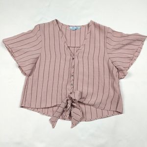 🔥3/$15 SHE + SKY PINK AND BLACK STRIPED OVERSIZED BUTTON UP TOP WITH TYE SIZE S